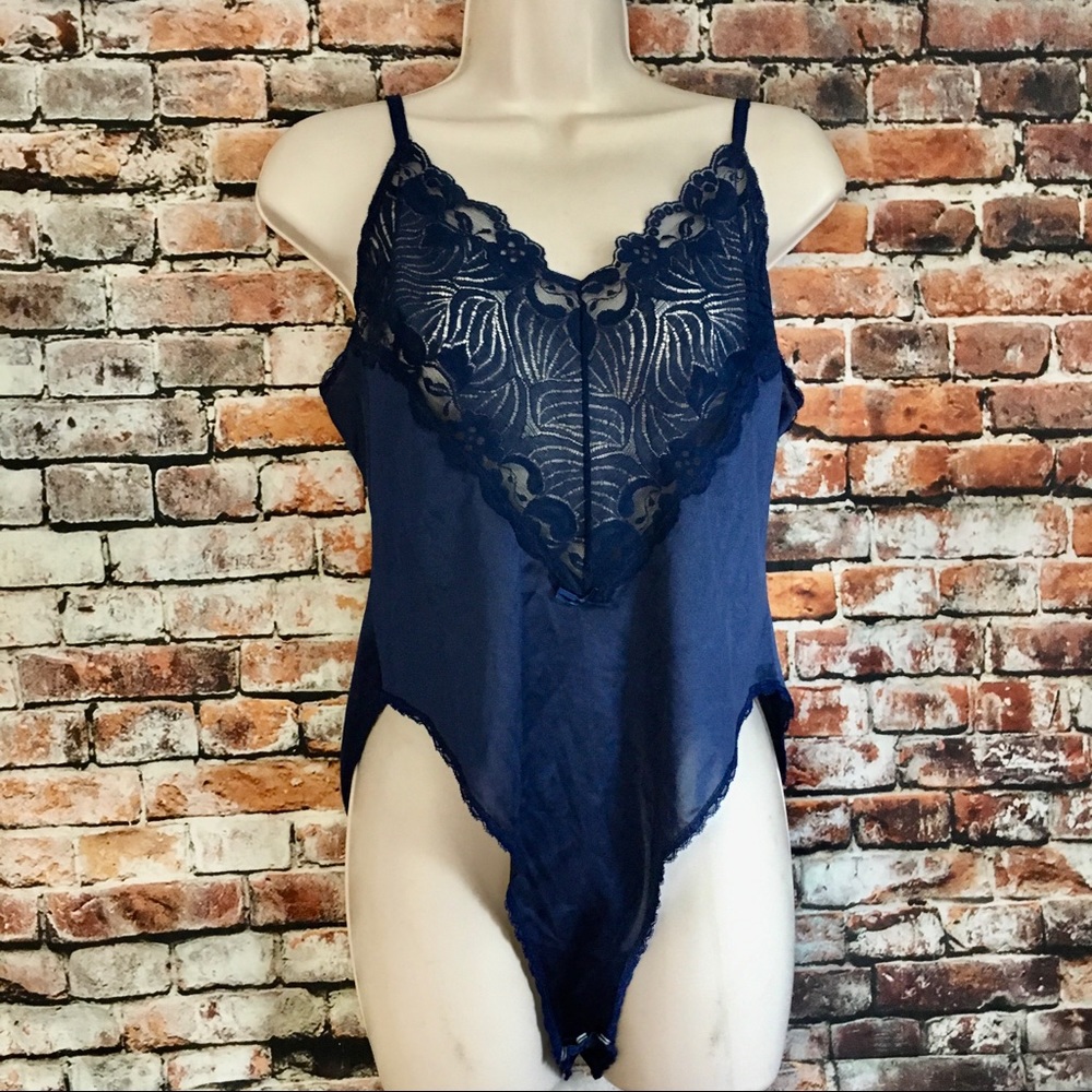Vintage Navy Blue Lace Trim Sheer Chemise Bodysuit